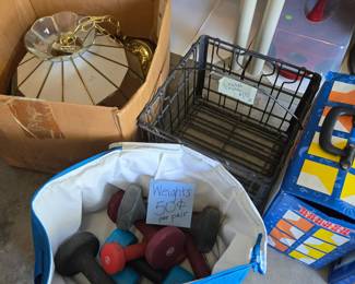 Dumbell weights - only 50 cents a pair! Vintage stained glass hanging light, metal crate, VersaTiles.