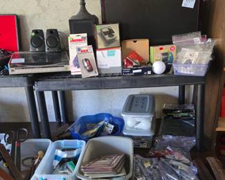 Samsung TV, Socket Set, Rusty tools and things, flip phone, camera, KC Royals memorabilia 1985, turntables, decorate yard art, cables, lightbulbs