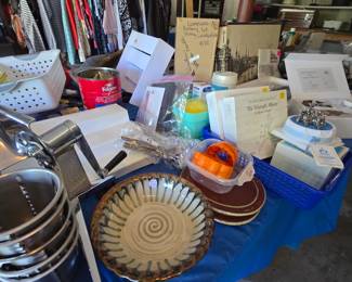 Pottery, Creative Memories photo albums, Disney Snow White silver-plated cupcake toppers(?),  Luminara battery operated candle sticks, spice tier racks, Pyrex platter with box