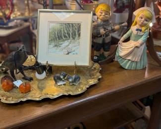 Vintage ceramic pilgrim boy and girl, original signed small oil and acrylic