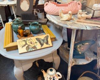 Wood end tables, side tables, art, sewing box, Swan planter and more