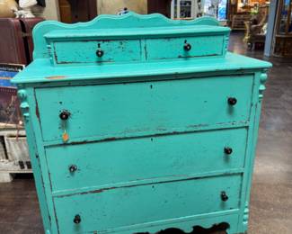 Antique solid wood dresser with a glove box top shabbier turquoise blue