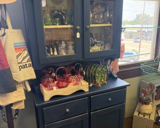 Vintage Hutch, Peacock feather plates and mcm more