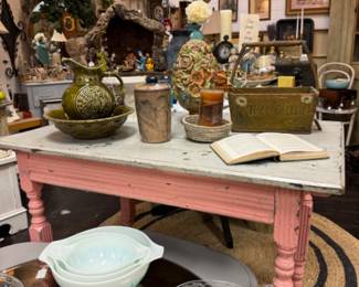Antique Solid Wood Spindle Leg Farmhouse  table, pink and cream
