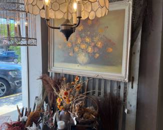 Tiffany style inverted chandelier with a capos shell shade