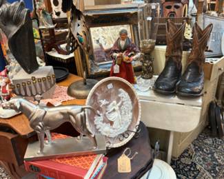 Metal dog bookends, boots, artwork, candlesticks