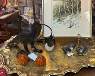 Raven lamp, Pumpkin and Turkey salt and pepper shakers, "bear" salt and pepper shakers, Small beautiful Joseph Boon original Oil & Acrylic signed, pretty brass tray