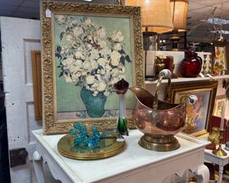 Beautiful floral oil painting, brass charger plates, antique coal scuttle, Jack in the Pulpit Calla Lilly Blown Glass vase, white side table