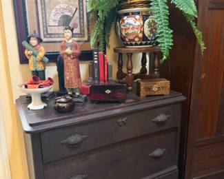 Asian art and figurines, pot, plant stand, framed art, cake stand