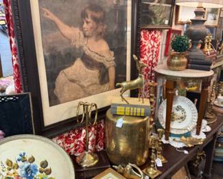 lots of brass figurines, framed art, toile trays, plant stand