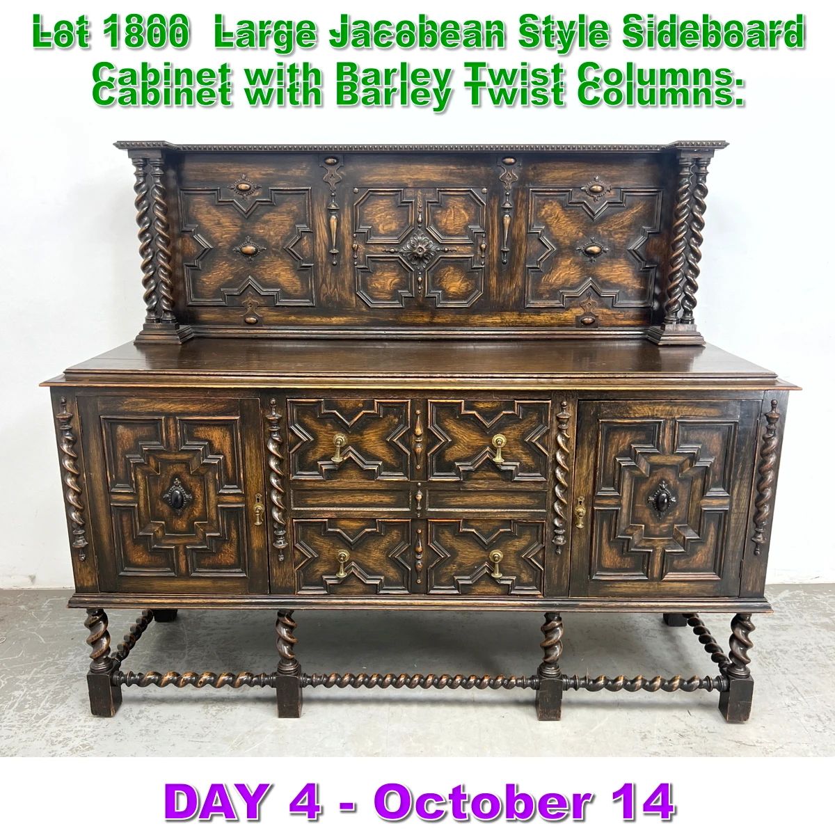 Lot 1800 Large Jacobean Style Sideboard Cabinet with Barley Twist Columns. 