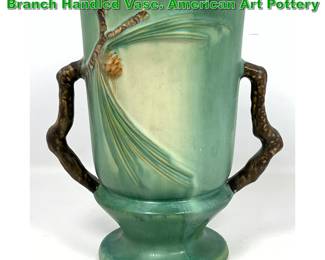 Lot 2086 Roseville Green Pinecone Double Branch Handled Vase. American Art Pottery