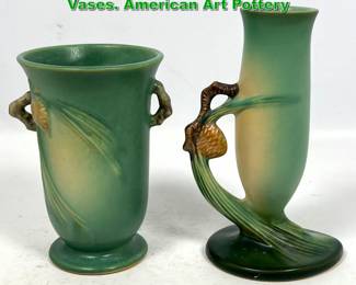 Lot 2067 2pcs Roseville Green Pinecone Vases. American Art Pottery