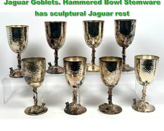 Lot 1907 Set 8 EMILIA CASTILLO Silver Plate Jaguar Goblets. Hammered Bowl Stemware has sculptural Jaguar rest