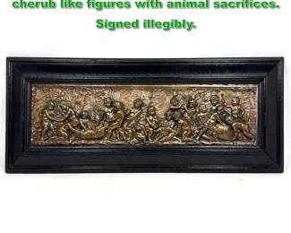 Lot 2060 Figural Relief Metal Plaque. Young cherub like figures with animal sacrifices. Signed illegibly. 