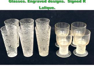 Lot 1983 10pcs Renee Lalique Cordial Glasses. Engraved designs. Signed R Lalique. 