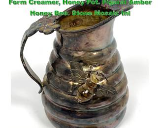 Lot 1923 LOS CASTILLO Silver Plate Beehive Form Creamer, Honey Pot. Figural Amber Honey Bee. Stone Mosaic Inl