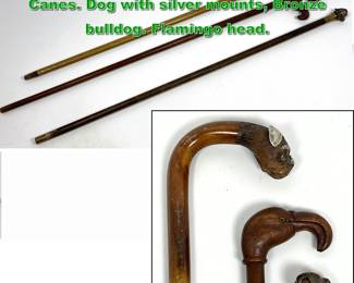 Lot 1905 3pcs Antique walking Sticks Canes. Dog with silver mounts, Bronze bulldog. Flamingo head. 