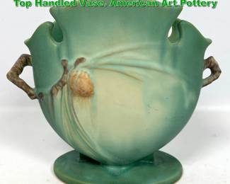 Lot 2094 Roseville Green Pinecone Sculpted Top Handled Vase. American Art Pottery