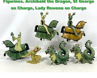 Lot 2225 6pcs Ceramic Arts studio Figurines. Archibald the Dragon, St George on Charge, Lady Rowena on Charge