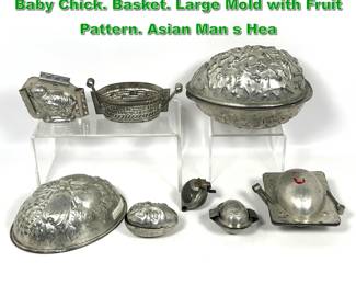 Lot 2262 Collection 8 Vintage Metal Molds. Baby Chick. Basket. Large Mold with Fruit Pattern. Asian Man s Hea