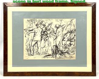 Lot 2145 Maurice Mazo 1940 s ink dancing scene in burl wood frame, Signed.
