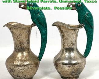 Lot 1955 Pair Castillo Attributed Pitchers with Stone Inlaid Parrots. Unmarked. Taxco Silverplate. Possible 