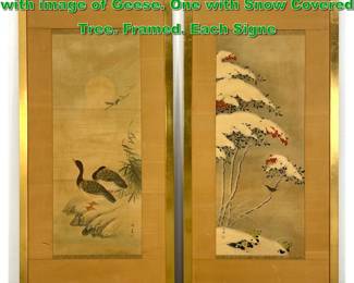 Lot 2203 2pc Asian Paintings on Silk. One with image of Geese. One with Snow Covered Tree. Framed. Each Signe