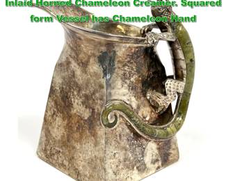 Lot 1925 LOS BALLESTEROS Silver Plate Inlaid Horned Chameleon Creamer. Squared form Vessel has Chameleon Hand