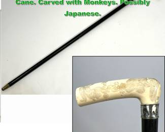 Lot 1895 Antique Asian Carved Handle Stick Cane. Carved with Monkeys. Possibly Japanese. 