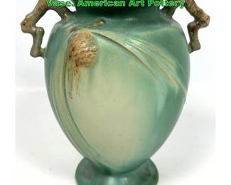 Lot 2073 Roseville Green Pinecone Handled Vase. American Art Pottery
