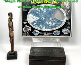 Lot 2229 Mixed Objects Lot. 1973 WhamO Magic Window novelty toy, handcarved wooden figure depicting a 