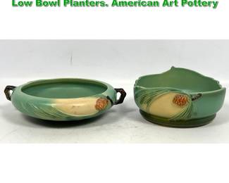 Lot 2066 2pcs Roseville Green Pinecone Low Bowl Planters. American Art Pottery