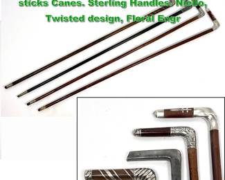 Lot 1883 Four antique and vintage walking sticks Canes. Sterling Handles. Niello, Twisted design, Floral Engr