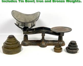 Lot 2244 Cast Iron Industrial Balance Scale. Includes Tin Bowl Iron and Bronze Weights. 
