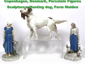 Lot 2109 3pcs Bing and Grondahl, Copenhagen, Denmark, Porcelain Figures Sculptures. Hunting dog, Farm Maiden
