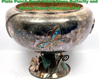 Lot 1912 Large EMILIA CASTILLO Silver Plate Punch Bowl. Inlaid Stone Butterfly and Stone Flower Elements. Ped