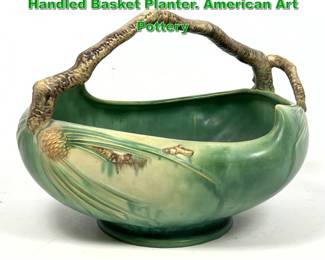 Lot 2079 Roseville Green Pinecone Branch Handled Basket Planter. American Art Pottery