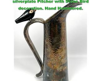 Lot 1952 Emilia Castillo Hammered silverplate Pitcher with Stone Bird decoration. Hand Hammered. 