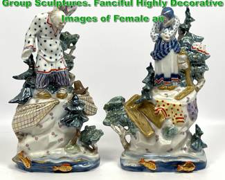 Lot 2008 Pr Russian Glazed Porcelain Figural Group Sculptures. Fanciful Highly Decorative Images of Female an