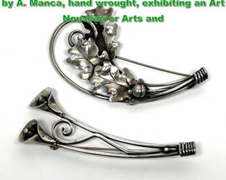 Lot 2174 2pcs Sterling silver Brooches Pins by A. Manca, hand wrought, exhibiting an Art Nouveau or Arts and 