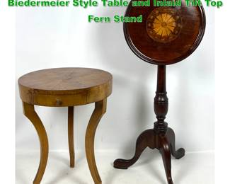 Lot 1854 2pcs Traditional Furniture. Small Biedermeier Style Table and Inlaid Tilt Top Fern Stand