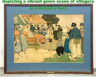 Lot 2182 Color lithograph by Henri Cassiers, depicting a vibrant genre scene of villagers in traditional Dutc