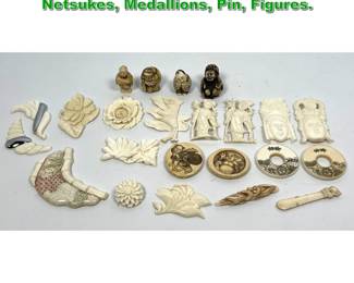 Lot 2149 22pcs Carved Table Objects. Netsukes, Medallions, Pin, Figures. 