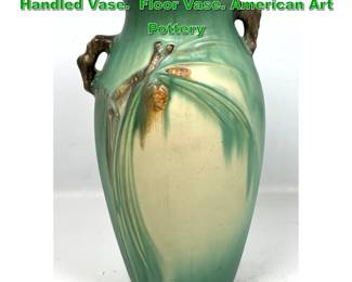 Lot 2078 Roseville Green Pinecone Tall Handled Vase. Floor Vase. American Art Pottery