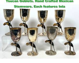Lot 1936 Set 8 EMILIA CASTILLO Silver Plate Toucan Goblets. Hand Crafted Mexican Stemware. Each features Inla