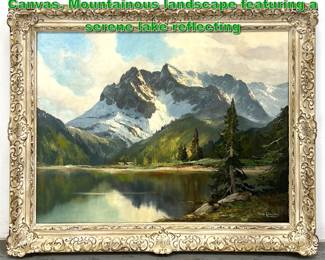Lot 2044 Arno Lemke Original Oil Painting on Canvas. Mountainous landscape featuring a serene lake reflecting