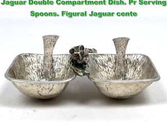 Lot 1928 EMILIA CASTILLO Silver Plate Jaguar Double Compartment Dish. Pr Serving Spoons. Figural Jaguar cente