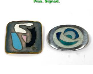Lot 2170 2pcs Enameled Modernist Pins. Signed. 