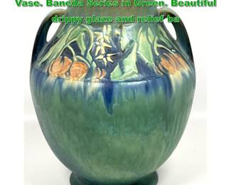 Lot 2097 10 ROSEVILLE art pottery Handled Vase. Baneda Series in Green. Beautiful drippy glaze and relief ba